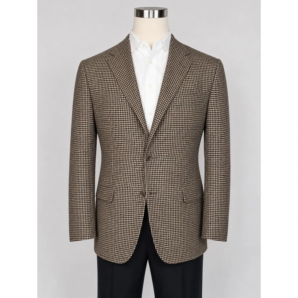 Vintage Zegna x Cambridge Wool Cashmere 46-48L Black Tan Houndstooth Sport Coat
